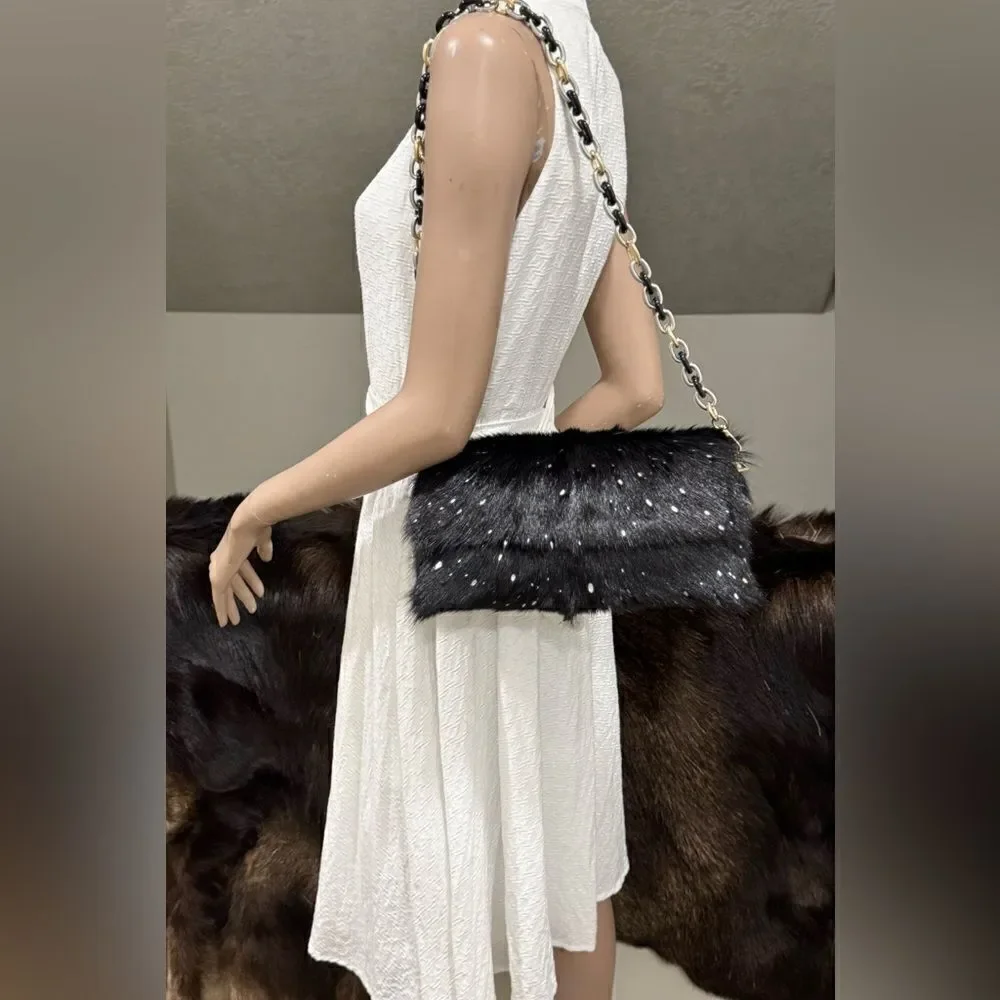 Black Real Goat Hair-on Hide Handmade Baguette Bag, 2 Straps Style